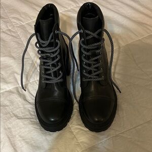 Marc Fisher Black Leather Combat Boots with Patterned Laces, Retails for $239